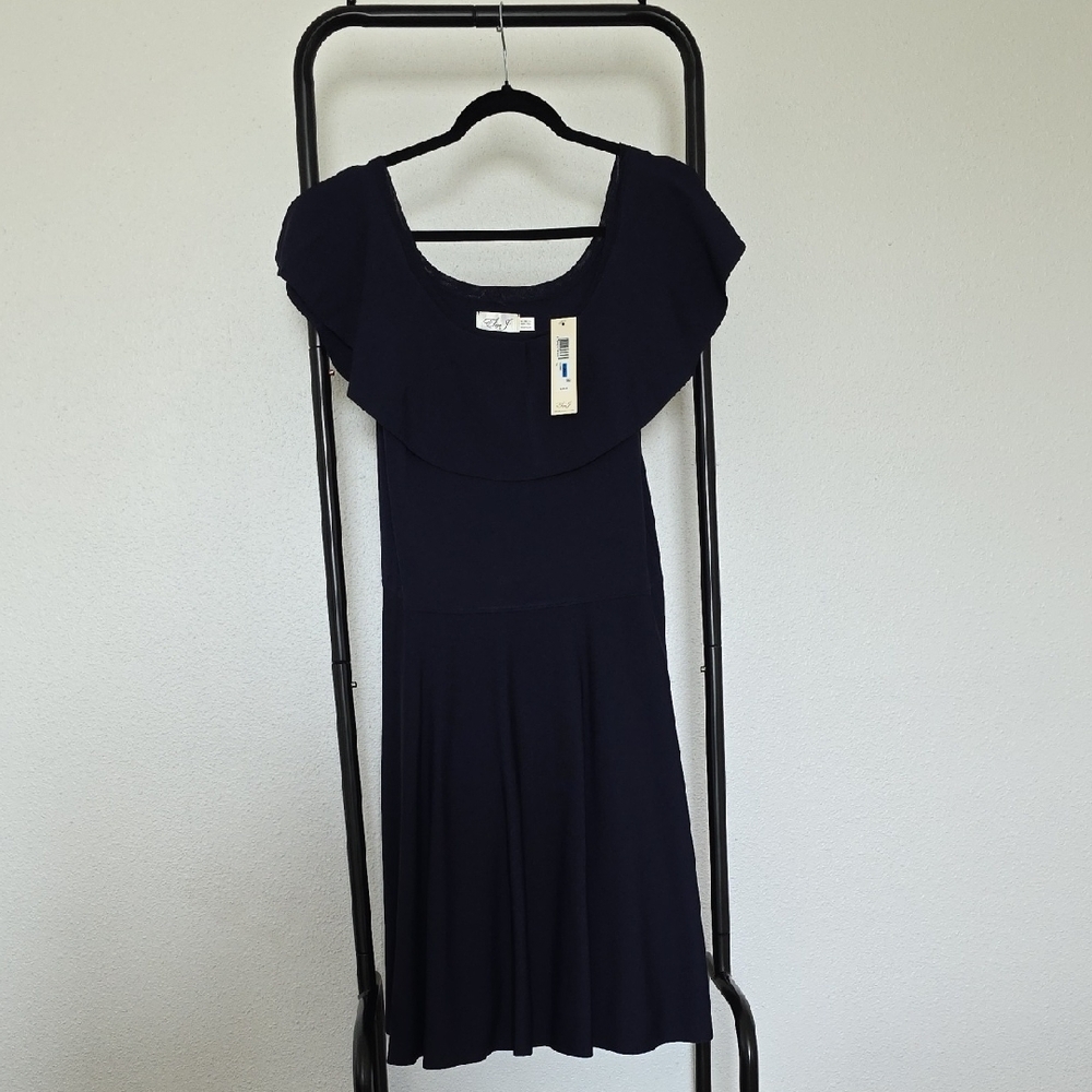 Eliza J Navy Blue Ruffled Neck Short Sleeve Maxi Dress